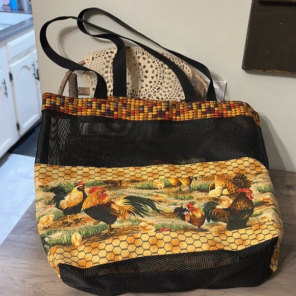 PRE OWNED HOMEMADE ROOSTER CHICKENS SHOPPING TOTE BAG WITH MESH - Picture 1 of 10